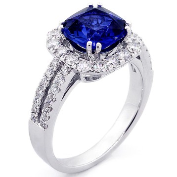 2.75 Cts Cushion Cut Blue Gemstone Diamond Cushion Halo Engagement Ring Set in 18K White Gold